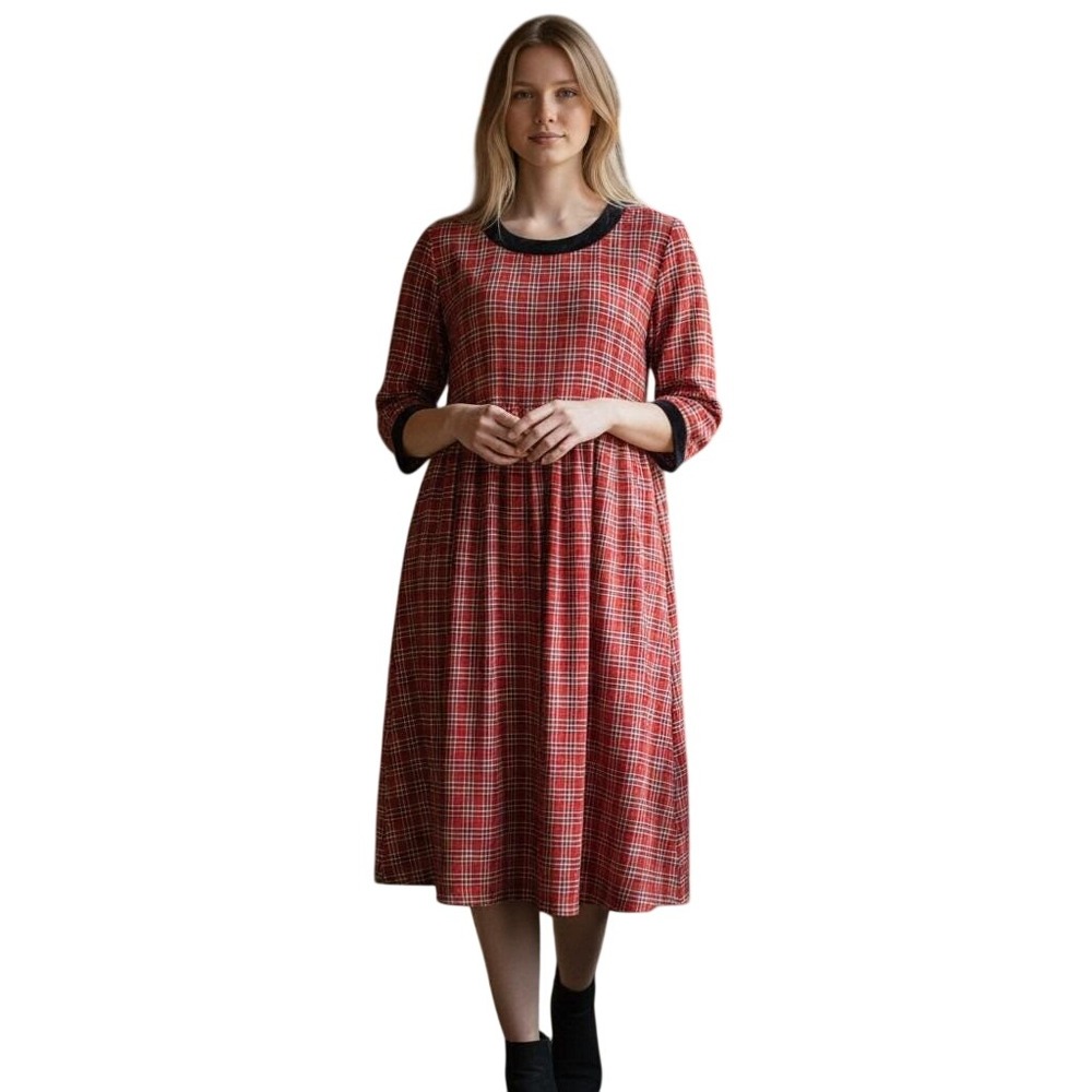 Vintage SL Fashions Dress 18W Red Tartan Plaid Black Velvet Trim Midi USA Made